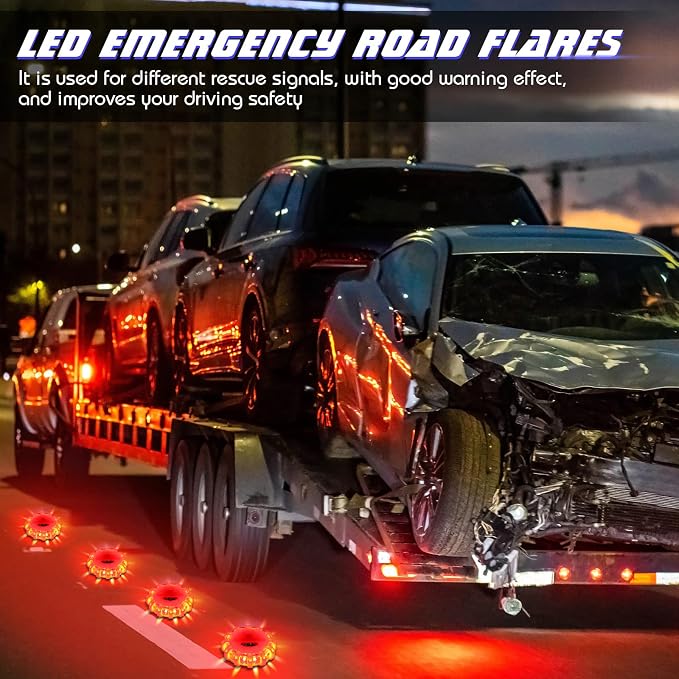 Frienda 24 Pieces LED Roadside Safety Flares Emergency Flare Lights Flashing Warning Lights Bulk Roadside Safety Beacon Disc Pack with Magnetic Base and Hook for Car Truck Vehicles Boat