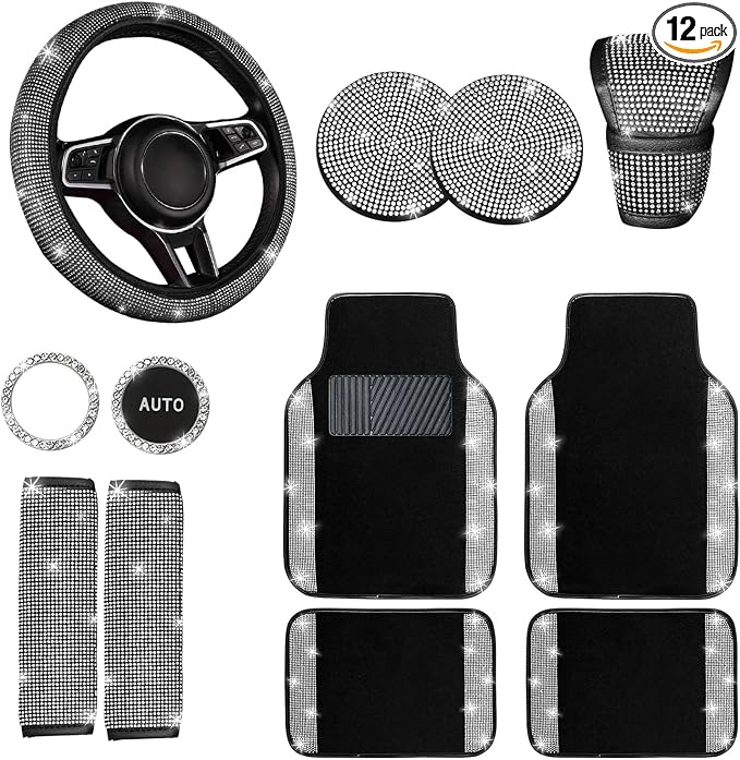 NBTEPEM 12 Pcs Bling Car Accessories Set for Women Car Floor Mats Full Set Steering Wheel Cover Seat Belt Covers Coasters Universal Fit Car SUV Truck Van Silver
