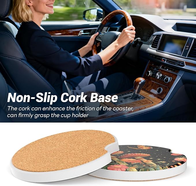 2 Pack Ceramic Car Coasters for Cup Holder, 2.56 in Anti Slip Absorbent Coaster with Cork Base and Finger Notch, Funny Cute Car Accessories for Women, Mushrooms