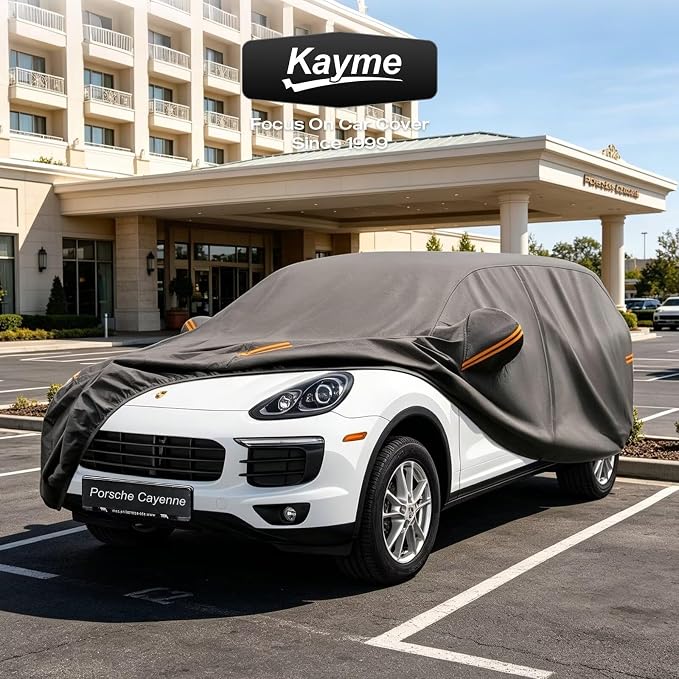 Kayme Heavy Duty SUV Car Cover Custom Fit for Porsche Cayenne 2002-2026, Waterproof All Weather Outdoor Full Protection, UV Sun Rain Resistant with Zipper Door & Windproof Straps.
