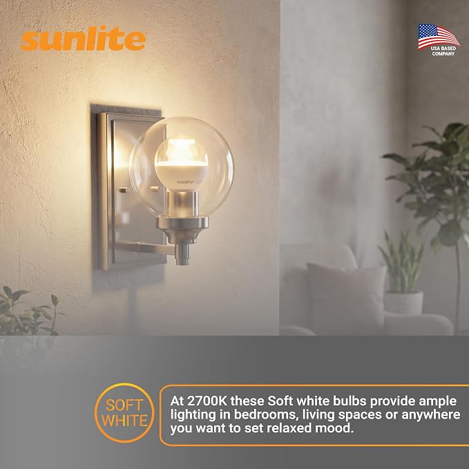 Sunlite G16.5 Light Bulb LED, 5 Watts (40W Equiv.), 350 Lumens, Dimmable, Type G Globe Shape E12 Candelabra Base, Short Bulbs, Vanity Mirror Bulbs, 2700K Soft White, Clear, 6 Count
