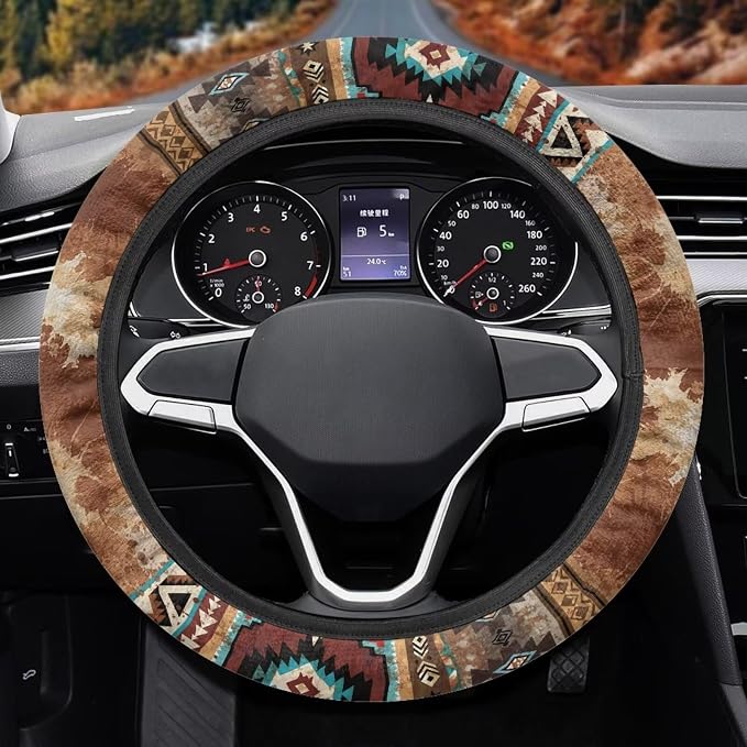 Wanyint Car Steering Wheel Cover Universal Fit SUV Truck Van, Anti-Skid Soft Stretchy All Weather Protection Auto Decor Accessories, Aztec Navajo Splash Brown
