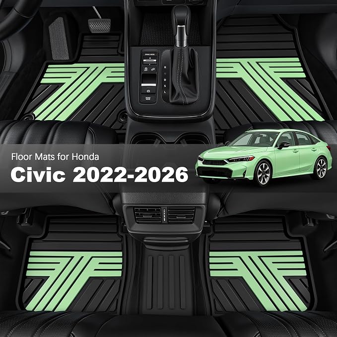 Rubber Floor Mats for Honda Civic Sedan Hatchback Si 2022-2026 | Include Sport but Not for Hybrid, All Weather Car Floor Liners Fit for Acura Integra 2023-2026, 1st & 2nd Row, Black & Green
