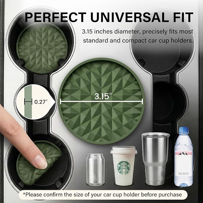 Car Coasters for Cup Holders [4 Pack] 3.15in Non-Slip Silicone Mats, Olive Green