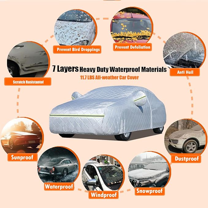Hail Protector Car Cover, 7 Layers Thickened Heavy Duty Car Covers for Automobiles, All Weather Season, Anti-Hail UV Protection Snowproof Outdoor Full Cover, Universal Fit Sedan 186" to 193"(Silver)