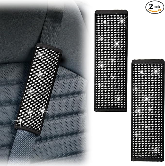 ecocstm 2 PCS Bling Car Seat Belt Shoulder Pads, Bling Seat Belt Covers with Bling Rhinestones, Car Accessories Seatbelt Strap Pad with Crystal Diamond for Car, Truck, SUV (White Diamond)