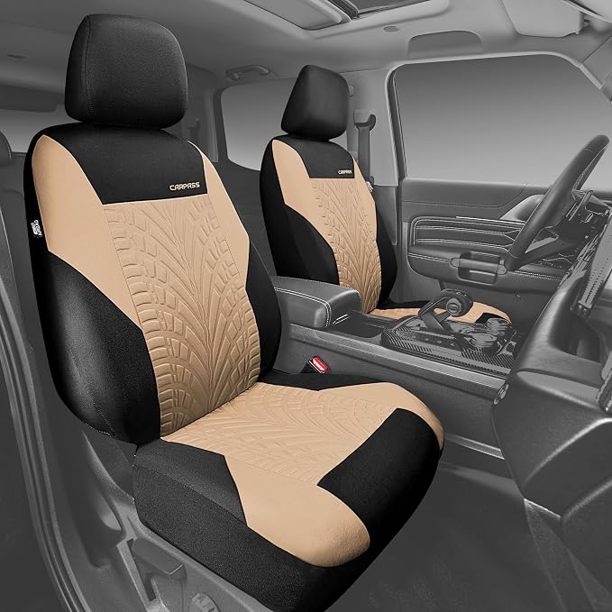 CAR PASS Car Seat Covers Two Front Only for Car, 3D Tyre Print Automotive Interior Covers, Airbag Compatible, Quick Setup Universal Fit Seat Covers for Car, Truck, SUV(Black and Beige)