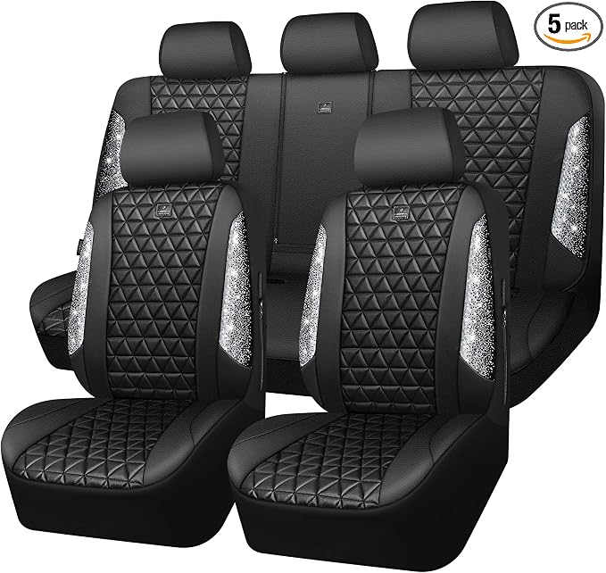 CAR PASS Bling Diamond Leather Car Seat Covers Full Seats Interior Sets, Waterproof Shining Glitter Sparkly Crystal Universal Armrest Fit Automotive Truck SUV Cute Women Girl, Black Silver Rhinestone