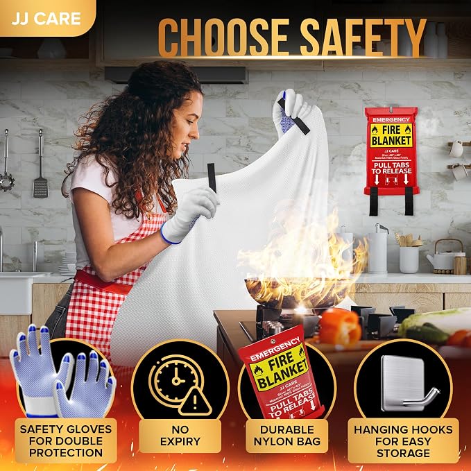 JJ CARE Fire Blanket - 40" x 40" [2 Packs with Hooks & Gloves] - Suppression Flame Retardant Emergency Fire Blanket for Camping, Grill, Kitchen, Home, Car, School, Office, Warehouse