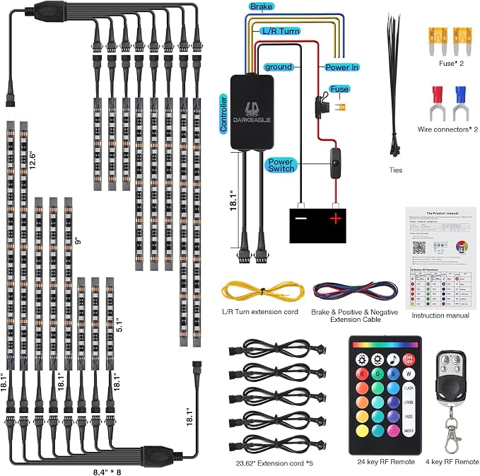 16PCS Motorcycle RGB LED Light Kits with Brake Turn Signal, Underglow Lights with APP/RF Remote Dual Zone,Multicolor Neon Strip Accent Lights Waterproof 12V for Cruiser, Touring & Adventure Motorcycle
