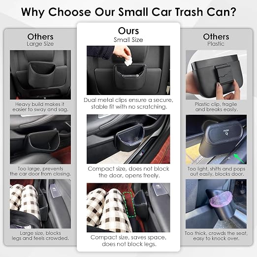 PIFOOG Small Car Trash Can for Side Door Back Seat Leather Leakproof Removable Liner Clip On Automotive Garbage Bin Compact Auto Trashcan Multipurpose Storage Organizer Container 0.22 Gal
