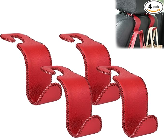 Amooca Car Seat Headrest Hook Universal Vehicle Storage Hanger Leather with Metal Car Seat Back Organizer for Handbag Purse Coat Wine 4 Pack