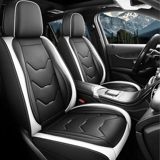 otoez Car Seat Covers Full Set, Universal Leather Seat Cover for Car, Waterproof 5 Seat Automotive Front and Back Seat Protector Full Coverage for Most Sedens Trucks SUVs, White & Black