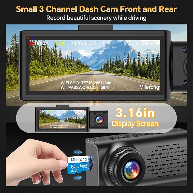 3 Channel 4K Dash Cam Front Rear and Inside with 5G WiFi & APP Control | 4K/2.5K+1080P+1080P Dashcam for Car, Dash Camera with 64GB Card, 24H Parking Monitor, Night Vision, Loop Recording, G-Sensor