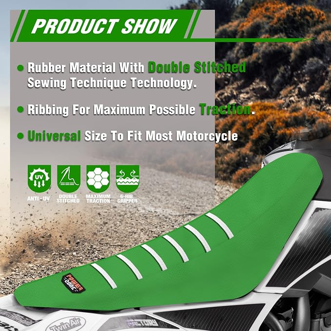 Dirt Bike Seat Cover - White Stripe Universial Seat Cover for Dirt Bike - Motorcycle Motorcross Enduro Seat Covers (Green)