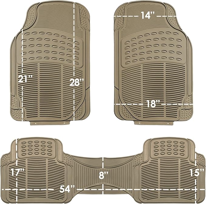FH Group Trimmable Non-Slip Rubber Floor Mats 3 Row Set - Universal Fit for Cars Trucks and SUVs (Beige) F11305 + F16400