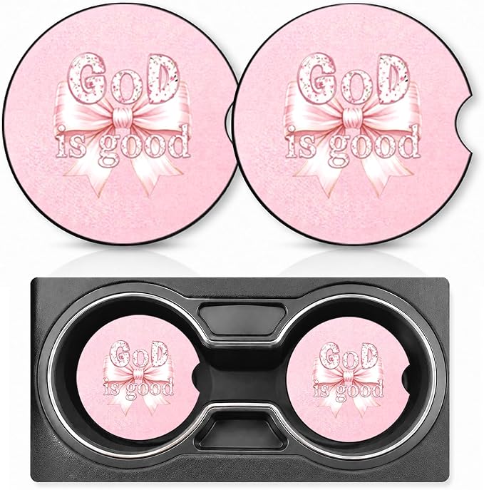 2PCS Bow and God Car Cup Holder Coasters Neoprene Car Coasters Universal | 2.75" Anti-Slip Rubber Mat with Finger Slot for Vehicle SUV Truck Sacred Cars Accessories Bow God Gifts for Women Men