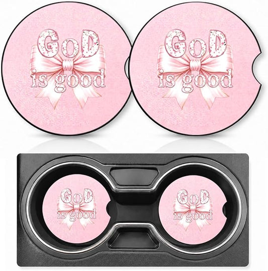 2PCS Bow and God Car Cup Holder Coasters Neoprene Car Coasters Universal | 2.75" Anti-Slip Rubber Mat with Finger Slot for Vehicle SUV Truck Sacred Cars Accessories Bow God Gifts for Women Men