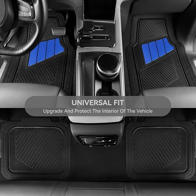CAR PASS Heavy Duty Rubber Floor Mats 4-Piece Car Mat Set - Universal Waterproof Trim to Fit Floor Mats for Car Sedan SUV Coupe Auto, odorless Durable All-Weather Automotive Mats (Black & Royal Blue)