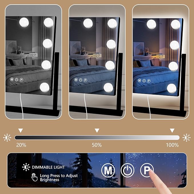 Moonee Vanity Mirror with Lights, Black Hollywood Lighted Makeup Mirror with 9 Dimmable Bulbs and 10X Magnification 360°Rotation, 3 Colors Modes, Light Up Mirror for Tabletop（12" x 14"）
