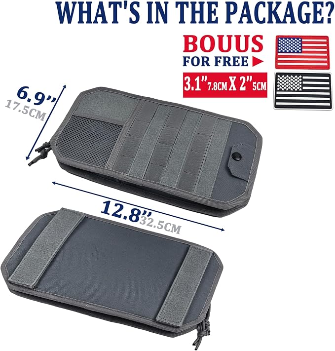 Car Sun Visor Organizer with 2 USA Flag Patches, 1000D Polyester, Large Capacity MOLLE Panel, Zipper Pocket, Fits SUVs, Trucks, Sedans, Police Gear & Overlanding (Gray)