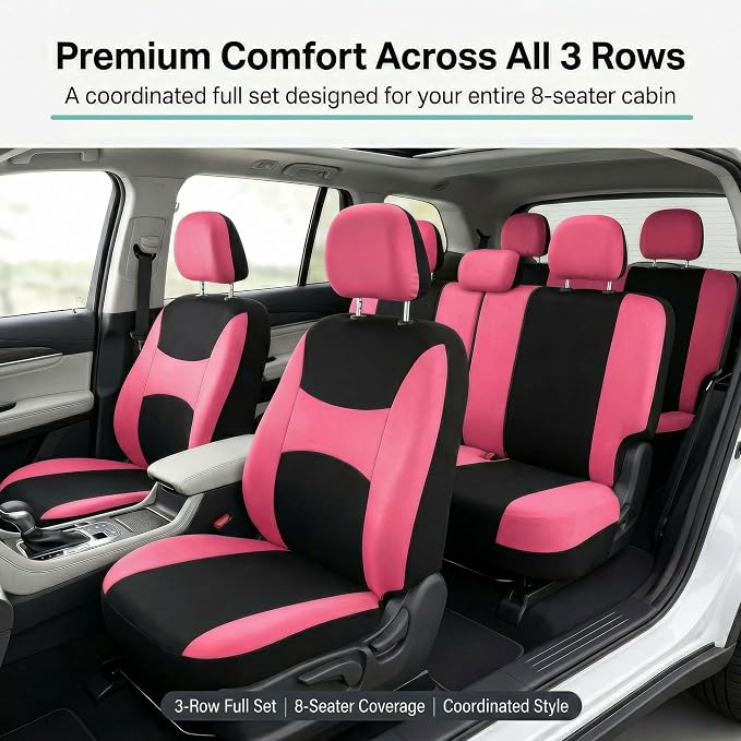 FH Group Universal Automotive Seat Covers 8 Seater Set | Light & Breezy Flat Cloth Washable Car Seat Cover for SUV, Sedan, Truck | Airbag Compatible Interior Upgrade - Pink/Black
