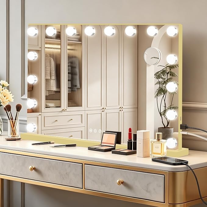 Ratsamee Gold Hollywood Vanity Mirror with Lights, 17 Dimmable Bulbs, 3 Color Lights,Make Up Lighted Mirror, Aluminum Metal Frame, USB Charging Port（26" x 20"）