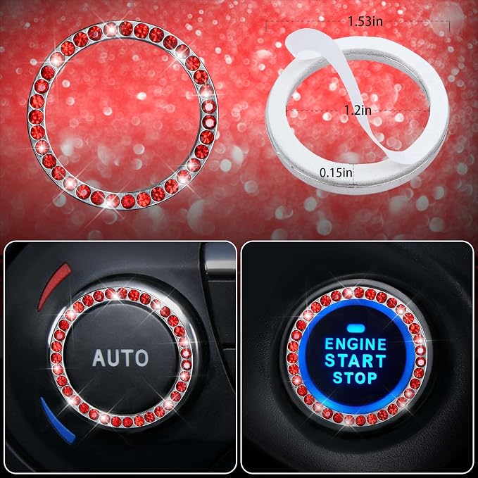 CAR PASS 11 PCS Bling Red Steering Wheel Cover Set for Women, Sparkly Rhinestone Diamond Bling Seat Belt Cushion, Glitter Shift Knob Cover, Car Cup Holder Coaster, Cute Interior Sets Red 14.5"-15"
