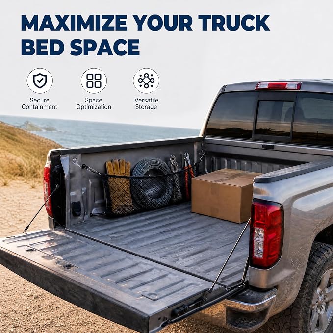 Side Cargo Net for GMC Sierra, Chevy Silverado, Dodge RAM 1500 2019-2026 | Heavy Duty Mesh Tailgate Net for Tools,Groceries,Keeping Truck Beds Tidy. Firm Grip Prevents Cargo From Sliding While Driving