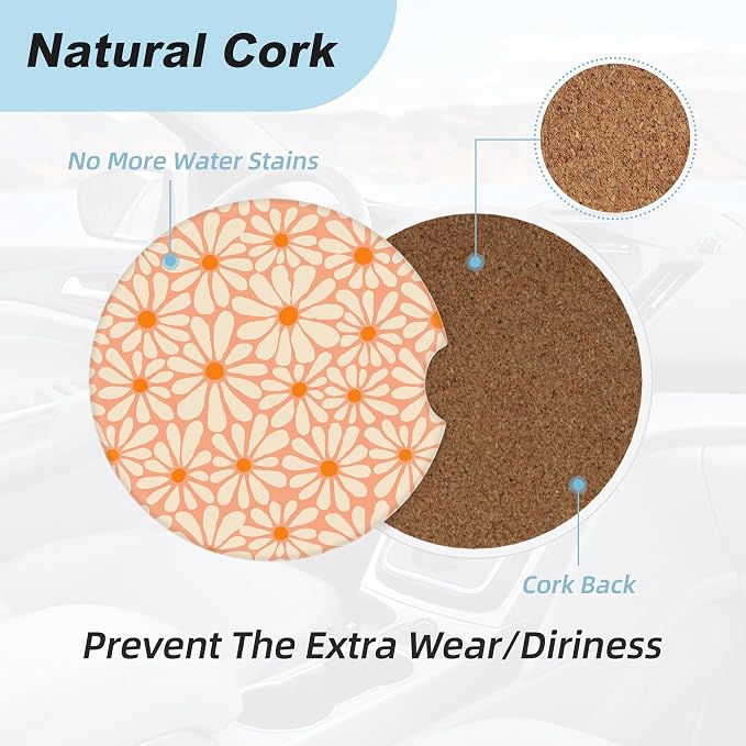 Orange Floral Car Coasters for Cup Holders,2 Pack Car Cup Holder Coasters for Car,Ceramic Absorbent Car Coaster with A Finger Notch and Cork Base,Car Interior Accessories for Women Men