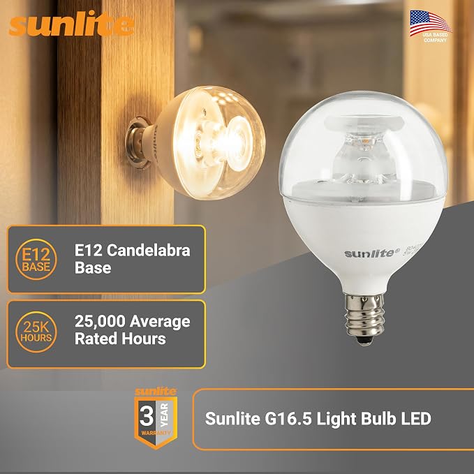 Sunlite G16.5 Light Bulb LED, 5 Watts (40W Equiv.), 350 Lumens, Dimmable, Type G Globe Shape E12 Candelabra Base, Short Bulbs, Vanity Mirror Bulbs, 2700K Soft White, Clear, 6 Count