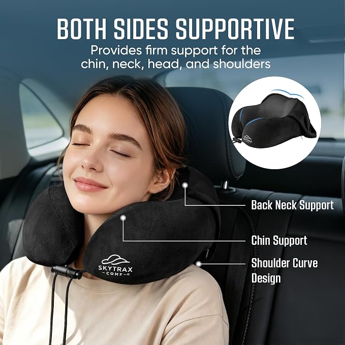 SkytraxComf® Travel Neck Pillow with Hood for Privacy on Long Flights | Memory Foam | Airplane Sleep | Safety-Tested Materials | Extra Large Hood | Chin Support | Earplugs | Washable Cover
