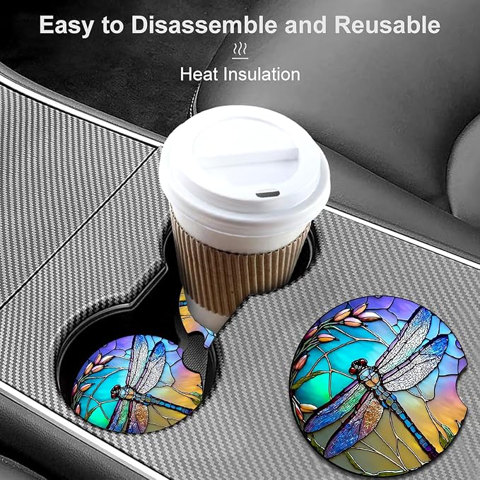 2 Pack Dragonfly Car Cup Holder Coasters Universal Neoprene Coasters | 2.75" Universal Size Anti Slip Rubber Mat, Auto Cup Holder Decor Accessories for SUV Truck, Dragonfly Gifts for Women Mom