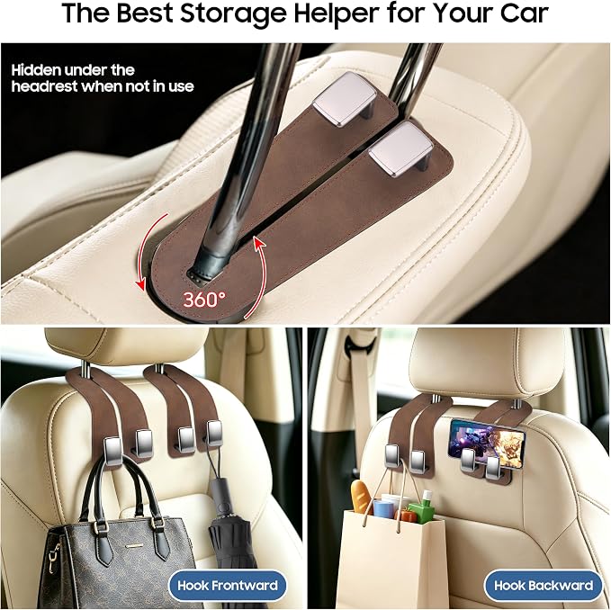 Amooca Car Headrest Hooks, Premium Suede with Metal Car Seat Back Storage Hooks for Handbag Coats Umbrella Backpack - 2 Pack, Brown