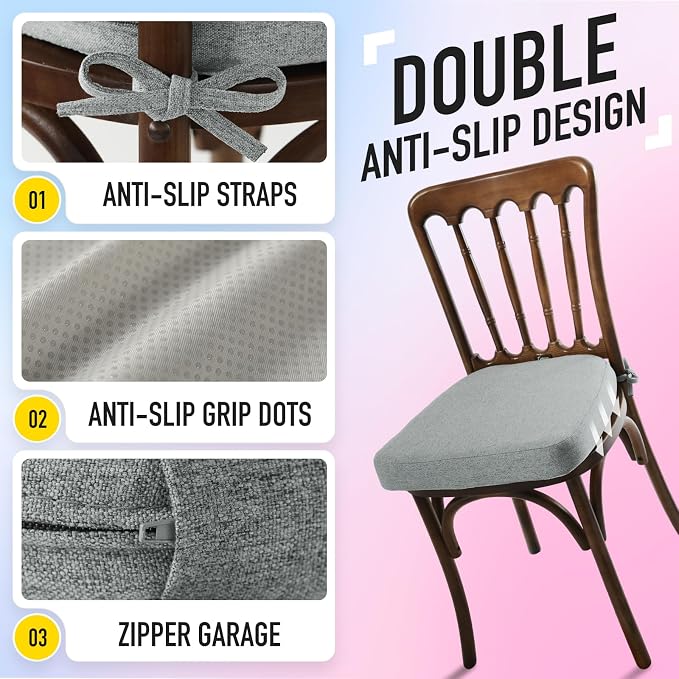 SUNROX Cooling Gel Memory Foam Chair Cushions, 2.6" Thick U-Shaped Dual-Layer Comfort Dining Chair Pads, Non Slip Seat Cushion with Ties for Indoor Kitchen Office 17"x16" Set of 8, Heather Grey