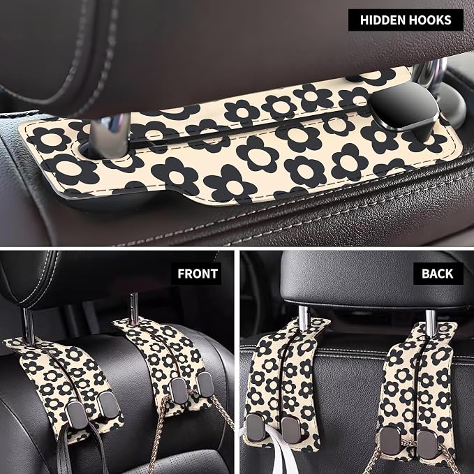 Car Seat Back Storage Headrest Hook, Premium Leather Double Metal Hook, Hanger Storage Organizer for Purse Cloth Bag, Car Interior Accessories Cute Black Daisy