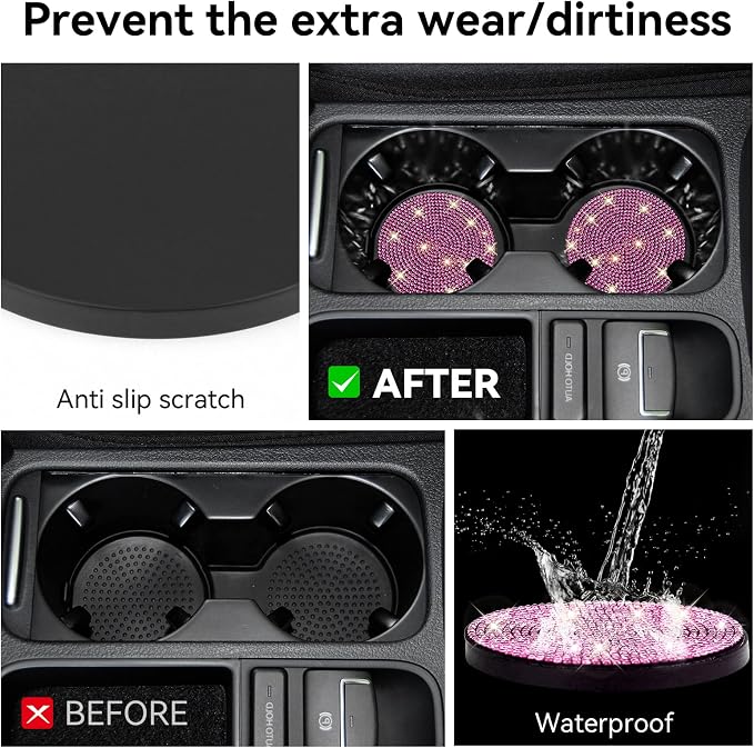SINGARO Bling Cup Holder Coasters for Car, 2PCS Universal Non-Slip Cup Holder, Embedded Decorative Coasters, Shiny Crystal Car Interior Accessories Gifts for Women (Pink)