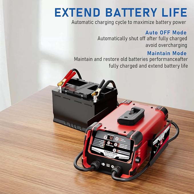 12V/24V Car Battery Charger & Engine Starter – Up to 50A Fast Charging, 250A Cranking Amps, Auto Maintainer, Desulfator, Repair & Winter Mode for AGM, Gel, Deep Cycle Batteries