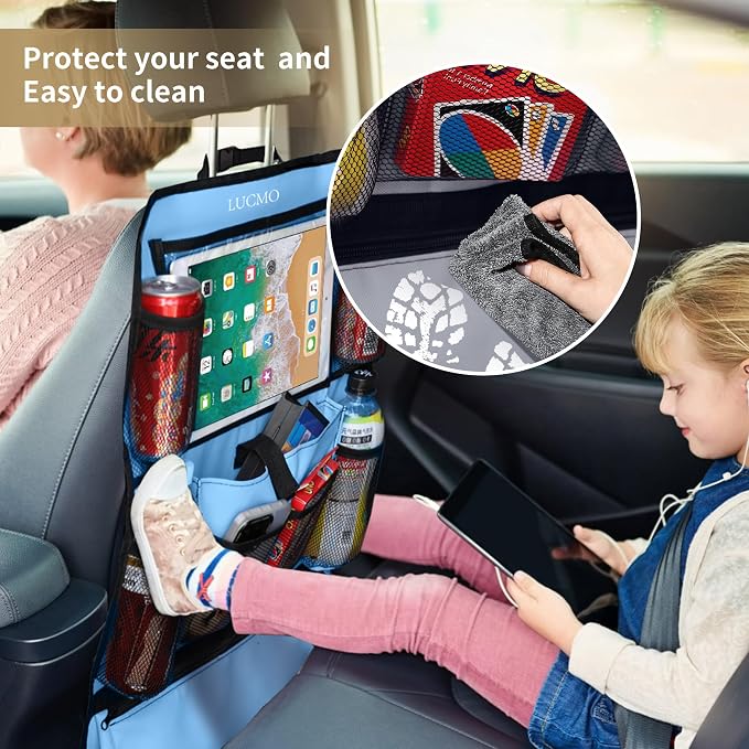 LUCMO Car Backseat Organizer with Touch Screen Tablet Holder, Light Blue | 2 Pcs,9 Storage Pockets,Clear Tablet Holder,Protectors Kick Mats,Travel Accessories,Seat Cover,Road Trip Essentials
