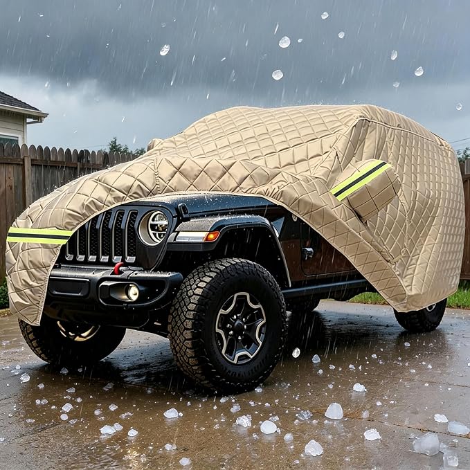 7 Layers Waterproof Cover, Heavy Duty Car Covers with Zipper Door, All-Weather Car Cover – Protects Against UV Rays, Hail, Water, Dust & Snow, Universal Fit SUV 191" to 200"(Khaki)