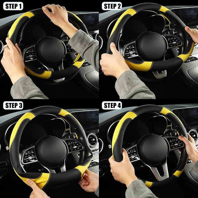Black Yellow Breathable Microfiber Leather Steering Wheel Cover | Breathable Anti Slip Grip Cool Sporty Look Glow for Women Men