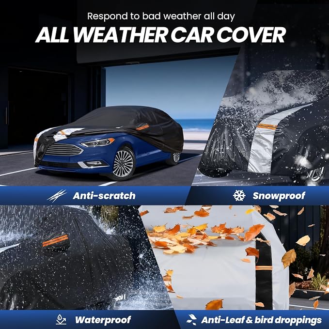 Multi-Layer Car Cover Custom Fit for Ford Fusion(205-2026), 100% Waterproof All Weather for Automobiles, Gift with Towel, Heavy Duty Car Covers for Rain Sun UV Protection with Door Zipper