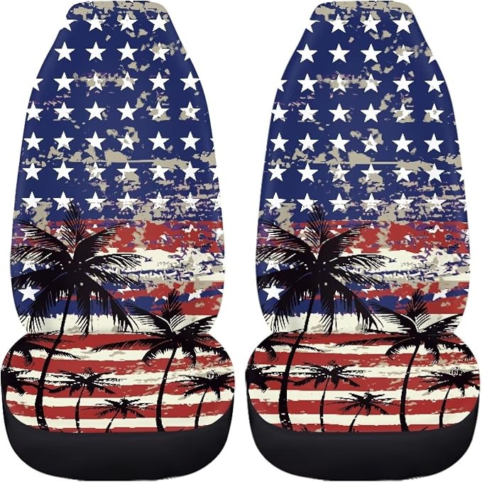 Palm Trees Front Car Seat Cover US Flag Auto Interior Accessories 2 Pcs Set Stretch Polyester Fabric Cover Patriotic All-Season Protection Suitable for Most Cars,SUV,Sedan