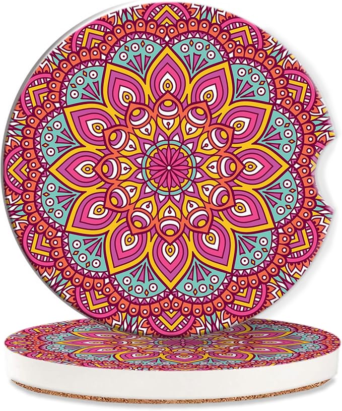 Boho Mandala Car Coasters for Women 2 Pack,Vintage Flower Ottoman Absorbent Car Coasters for Cup Holders Insert Ceramic Anti Slip with Finger Notch & Cork Base Auto Accessories Gifts