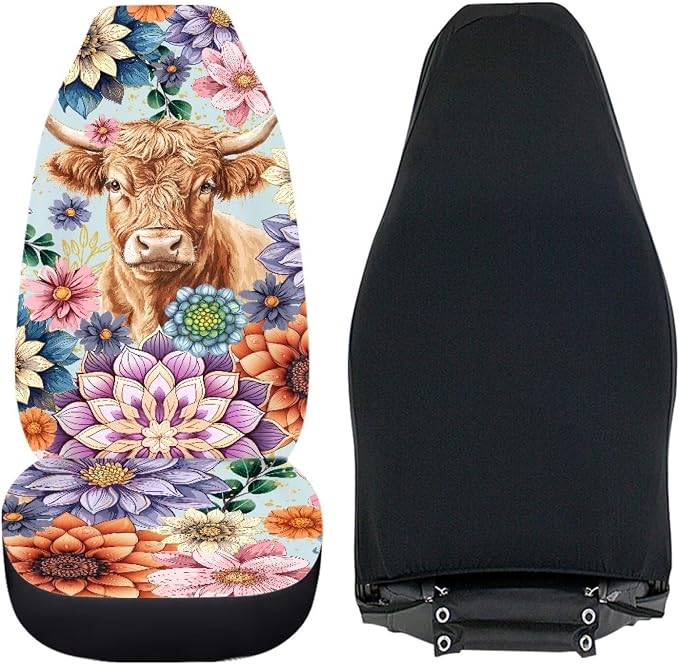 Anti-Slip Car Seat Cover Front Seats Only,Boho Mandala Highland Cow Comfort Automotive Car Interior Covers Vehicle Cushion Seat Cover Set,Auto Interior Decoration