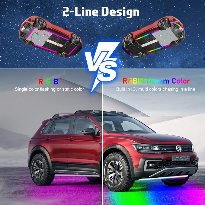 Neon Underglow Car Lights, 6PCs Dreamcolor Underglow Kit for Car with APP Control, 210 Color Modes and 255 Voice Control Modes, Waterproof LED Car Lights Exterior for Cars, Trucks, Boats