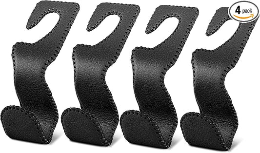 Headrest Hooks for Car, Leather Car Purse Hooks Hanger Holder Hook for Hanging Purses and Bags and Coats, 4Pack Black