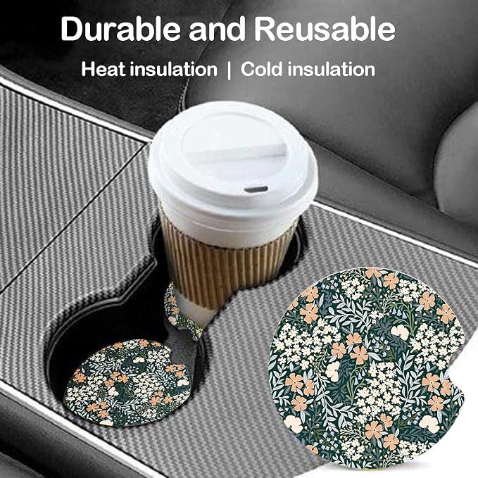 Ceramic Car Coasters – Absorbent Car Cup Holder Coaster Set for Women, Cute Aesthetic Car Accessories for Girls, 2 Pack (sage)