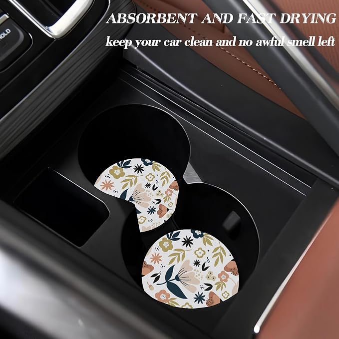 Car Coasters for Drinks Absorbent，Cute Car Accessories for Women and Lady，2 Pack 2.95inch Car Cup Holder Coasters，Universal Non Slip Cup Holder Insert Coaster (White Flower)