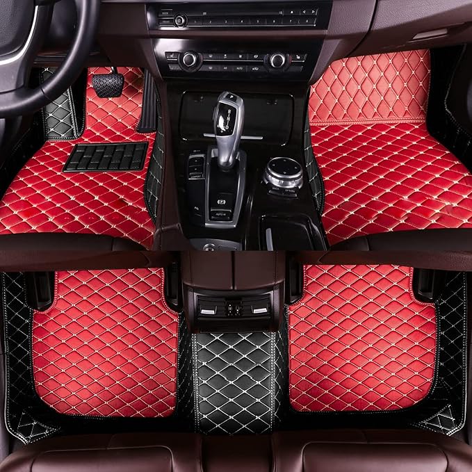Custom Fit Car Floor Mats - Full Coverage Automotive Leather Floor Liners for Most Vehicles by MingyunSM (red & Black)